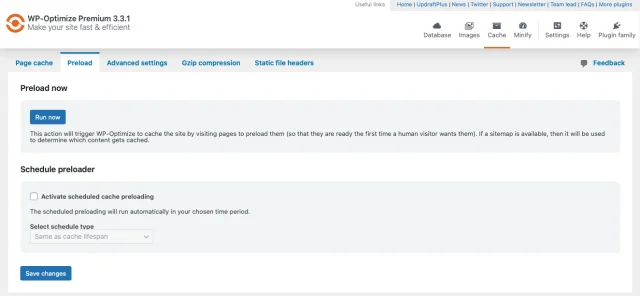 WP-Optimize pre loading settings