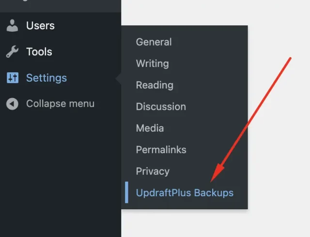 Navigate from settings to UpdraftPlus backups