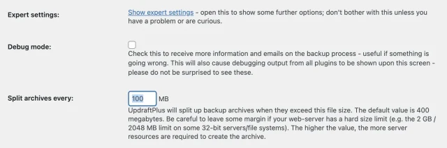 Split up backup archives using UpdraftPlus