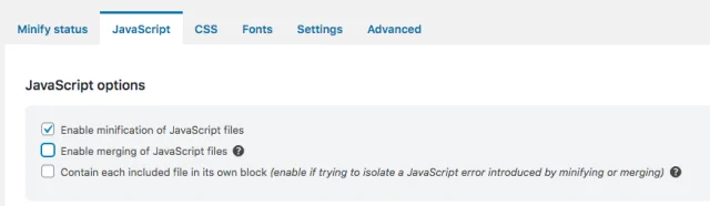 Minify js merge and minify checkboxes
