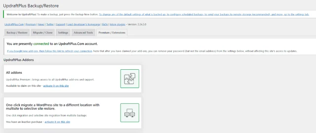 UpdraftPlus addons settings