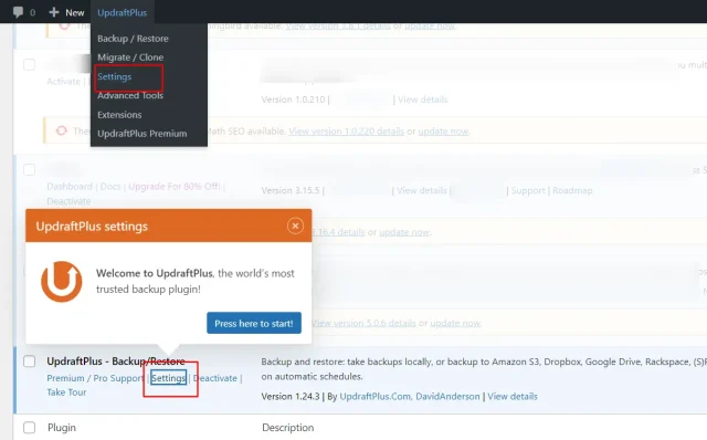 UpdraftPlus navbar settings