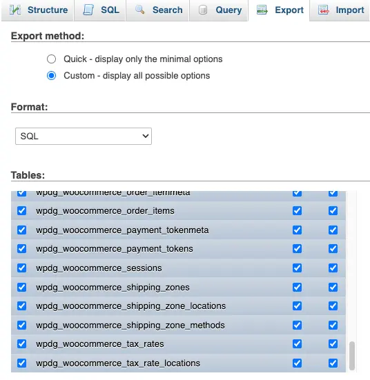 Export tab in phpMyAdmin
