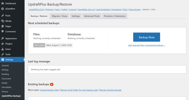 Creating a backup in UpdraftPlus