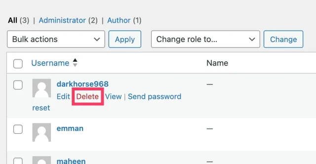 Delete user WordPress