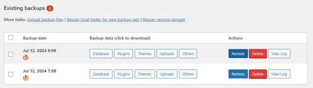 Existing backups log