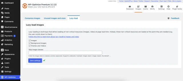 WP-Optimize lazy loading screenshot