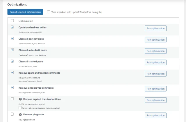 Optimization settings