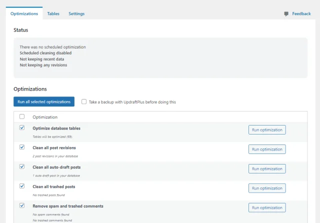 Optimization settings