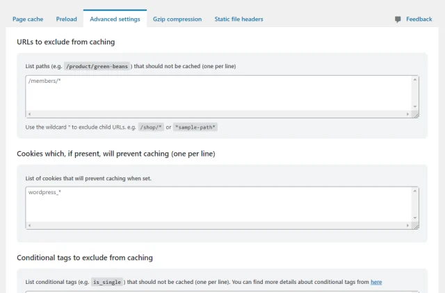 Urls to exclude from caching